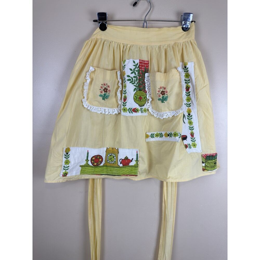 Vintage Yellow Half Apron with Flower Embroidered Pocket & Patchwork, Granny